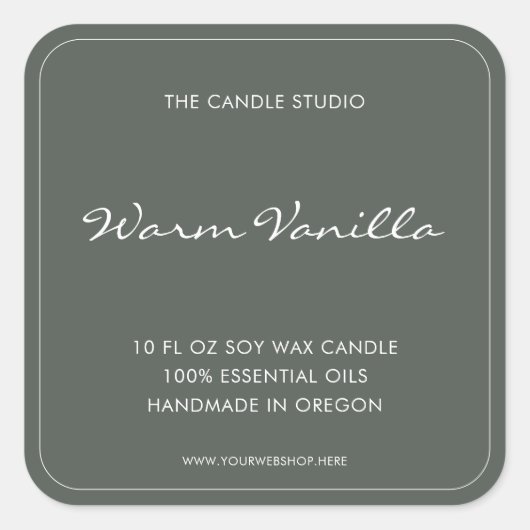 Sticker Carré Moderne Élégant Script Sage Green Packaging Bougie (Devant)