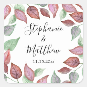 Sticker Carré Moderne Folift Bourgogne Aquarelle Feuille Mariage
