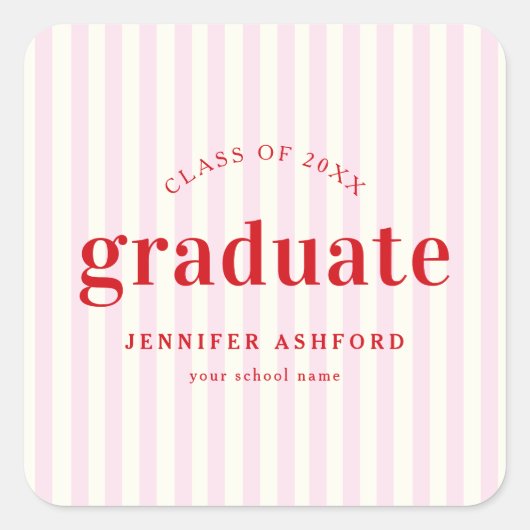 Sticker Carré Moderne Retro Red & Pink Stripes Graduation Party (Devant)