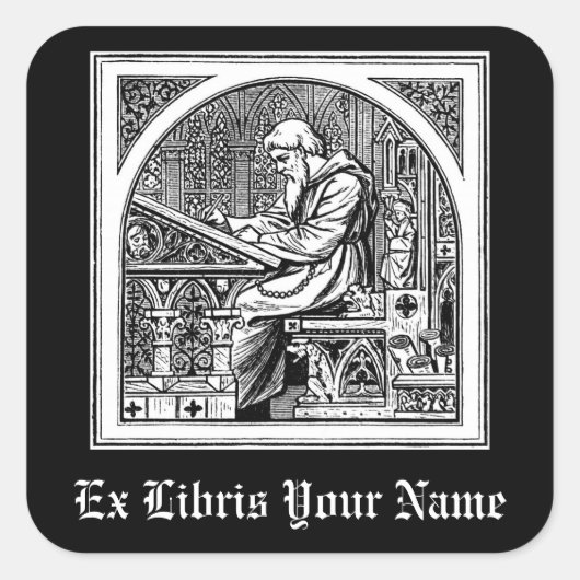 Sticker Carré Moine Au Bureau D'Écriture Médiévale Plaque D'Accu (Devant)