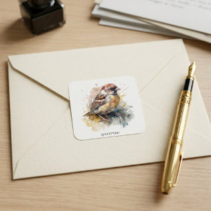 Sticker Carré Moineau à l'aquarelle rustique, personnalisable