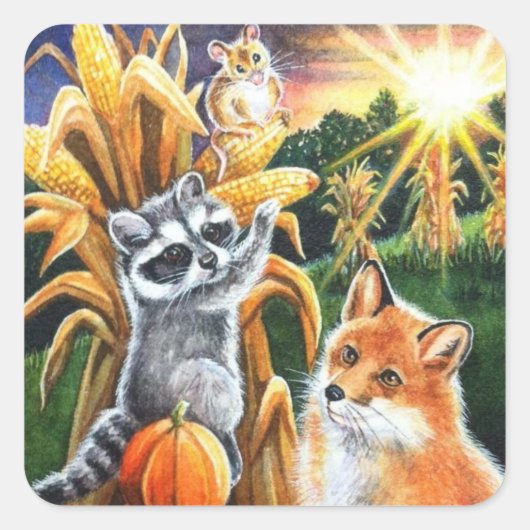 Sticker Carré Moisson d'automne Corn Red Fox Raccoon Aquarelle A (Devant)