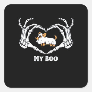 Sticker Carré Mon Costume Boo Chihuahua Avec Mains Coeurs Squele