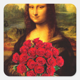 Sticker Carré Mona Lisa Avec Bouquet De Roses Rouges