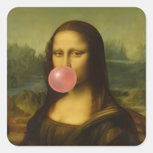 Sticker Carré Mona Lisa soufflant de bulle rose (Devant)