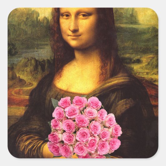 Sticker Carré Mona Lisa With Bouquet Of Pink Roses (Devant)
