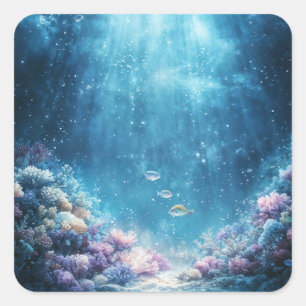 Sticker Carré Monde merveilleux de corail ensoleillé avec poisso