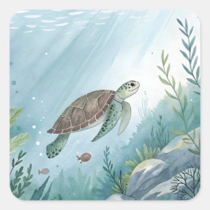 Sticker Carré Monde sous-marin avec tortue