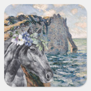 Sticker Carré Monet Cliff of Aval & Black Horse Compilation