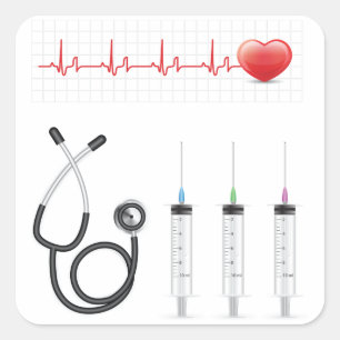 Sticker Carré Moniteur ECG cardiaque avec stéthoscope et seringu