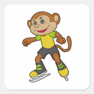 Sticker Carré Monkey at Ice skating with Ice skates