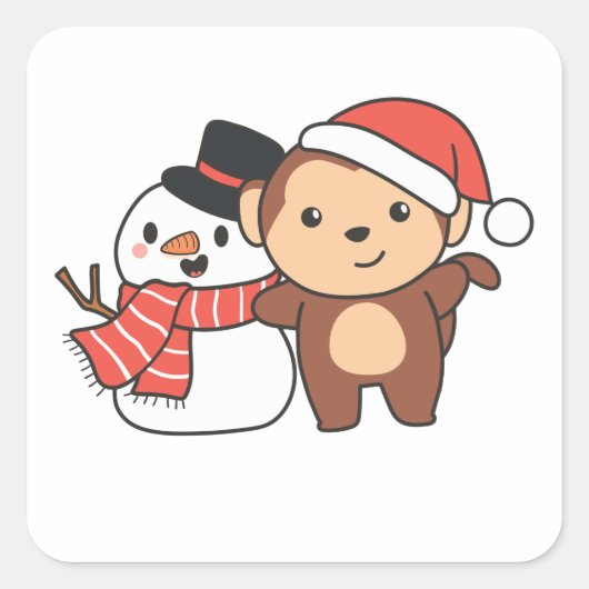 Sticker Carré Monkey With Snowman In Winter For Christmas (Devant)
