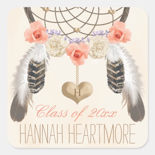 STICKER CARRÉ MONOGRAM BOHO DREAM CATCHER CLASSE DE DIPLÔME DE (Devant)