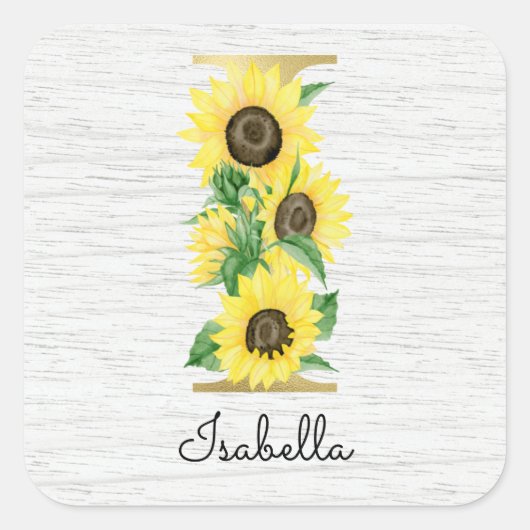 Sticker Carré Monogram Gold Sunflower Girly Floral Initial (Devant)