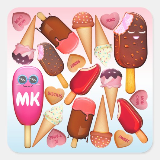 Sticker Carré Monogram Kawaii Crème de glace cône Popsicle Trait (Devant)