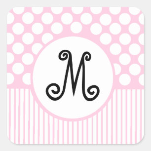 Sticker Carré Monogramme à rayures roses et points blancs