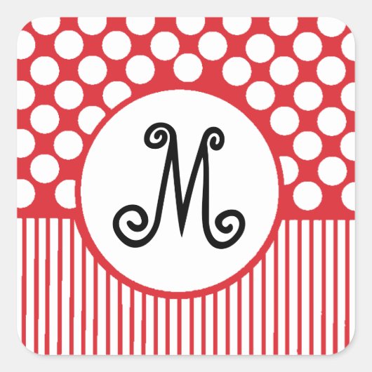 Sticker Carré Monogramme à rayures rouges et points blancs (Devant)
