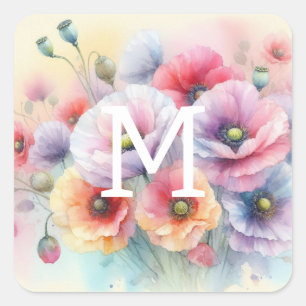 Sticker Carré Monogramme aquarelle florale fleurs de pavot rose