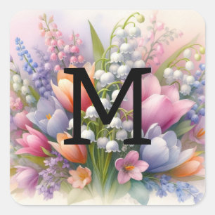 Sticker Carré Monogramme aquarelle florale tulipes roses violett