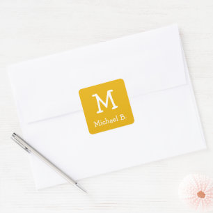 Sticker Carré Monogramme blanc et nom sur Honey Mustard Jaune
