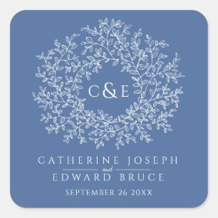 Sticker Carré Monogramme bleu classique art blanc mariage person