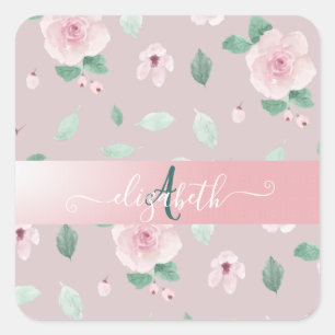 Sticker Carré Monogramme Chic Fleurs Aquarelles