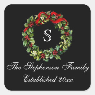 Sticker Carré Monogramme classique Holly Wreath Custom Christmas