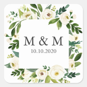 Sticker Carré Monogramme classique Mariage à fleurs blanches