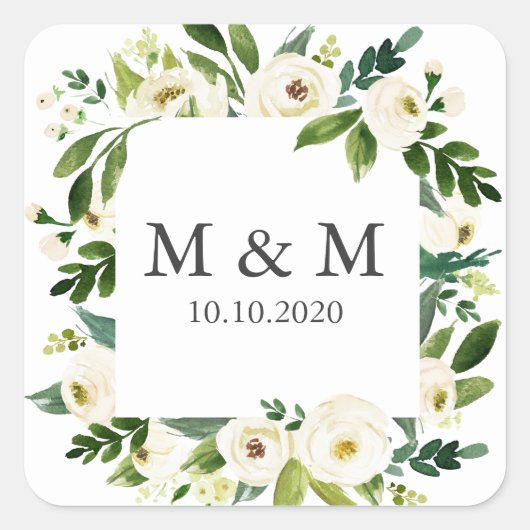 Sticker Carré Monogramme classique Mariage à fleurs blanches (Devant)