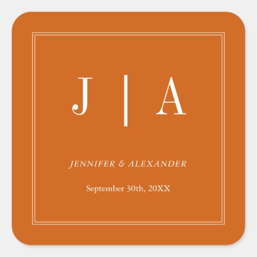 Sticker Carré Monogramme Couple Nom Simple Brûlé Orange Et Blanc (Devant)