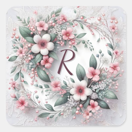 Sticker Carré Monogramme Dans Un Mariage Élégant Fleur Wreath (Devant)