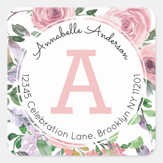 Sticker Carré Monogramme d'aquarelle florale rose-rose moderne (Devant)