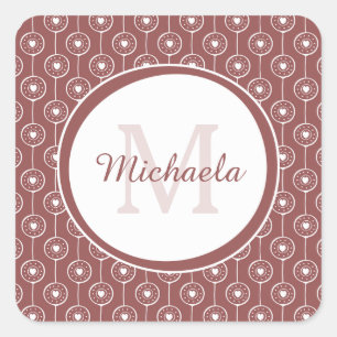 Sticker Carré Monogramme de Coeurs Brown et rouges élégant avec