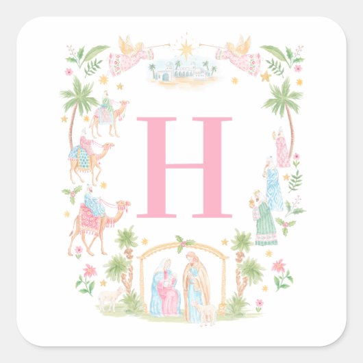 Sticker Carré Monogramme de la Nativité Pastel (Devant)