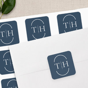 Sticker Carré Monogramme de mariage bleu marine dans un cadre ov