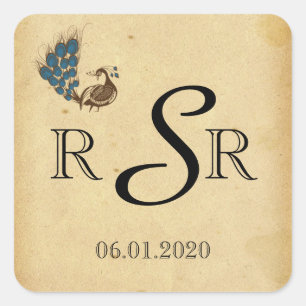 Sticker Carré Monogramme de Mariage de paon vintage