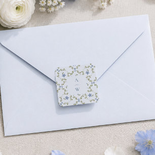 Sticker Carré Monogramme de mariage floral folk bleu poussiéreux