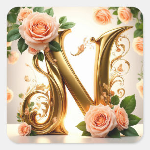 Sticker Carré 🌷 Monogramme de mariage floral pêche N Décor 🌼