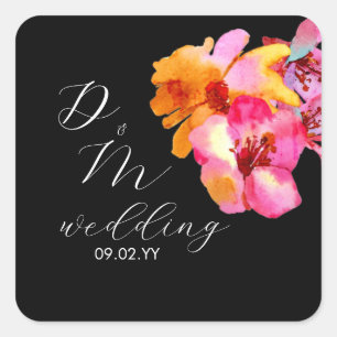 Sticker Carré Monogramme de mariage noir aquarellé floral lumine