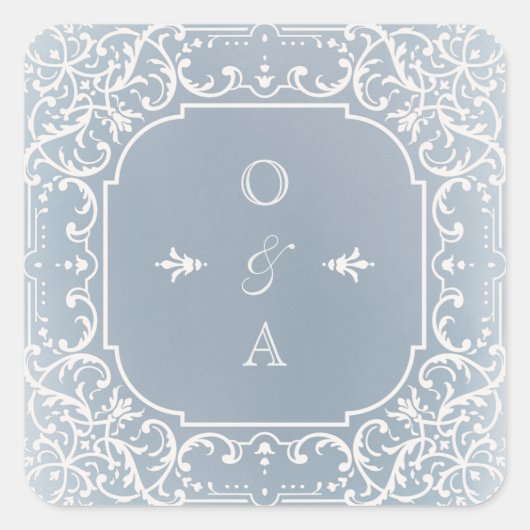 Sticker Carré Monogramme de mariage romantique bleu Dusty (Devant)