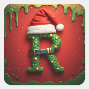 Sticker Carré Monogramme de Noël R avec chapeau de Père Noël – C