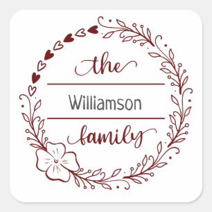 Sticker Carré Monogramme de nom de famille gris rouge Couronne f