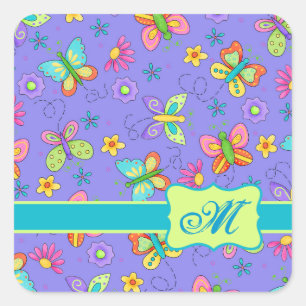 Sticker Carré Monogramme de papillon Whimsy moderne