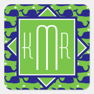 Sticker Carré Monogramme de Preppy | Baleines bleues et vertes