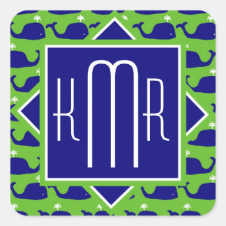 Sticker Carré Monogramme de Preppy | Baleines bleues vertes
