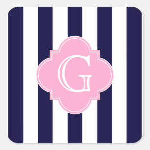 Sticker Carré Monogramme de Quatrefoil Rose Bleu Marine