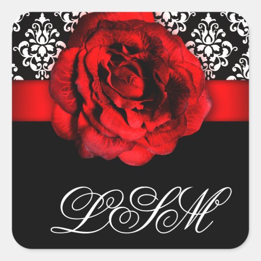 Sticker Carré Monogramme de rose rouge Mariage damassé de Noël (Devant)