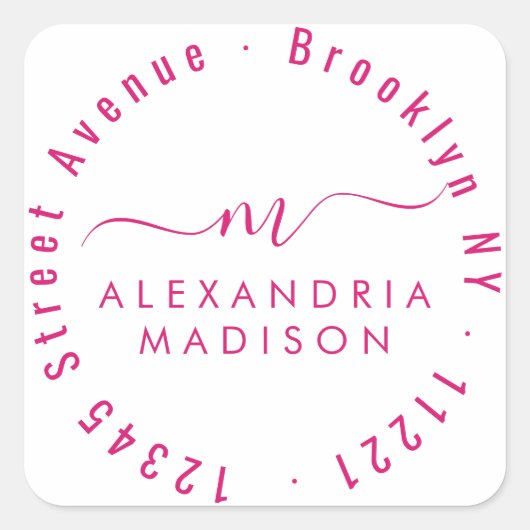 Sticker Carré Monogramme de script moderne Adresse Magenta Pink (Devant)