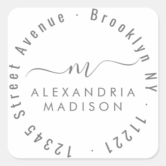 Sticker Carré Monogramme de script moderne Adresse Silver Grey (Devant)