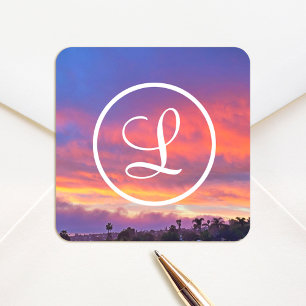 Sticker Carré Monogramme de script photo de coucher de soleil ro